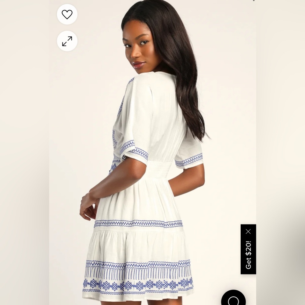 NWT Lulus Gone to Greece White Embroidered Short Sleeve V-Neck Mini Dress XS - Picture 2 of 3